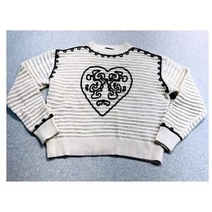 On 12th Sweater Women M Cream Black Soutache Heart Embroidery Open Knit Pullover